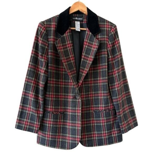 SAG HARBOR Vintage Plaid Wool Blend Single Breasted Blazer Size 10P - Picture 1 of 7